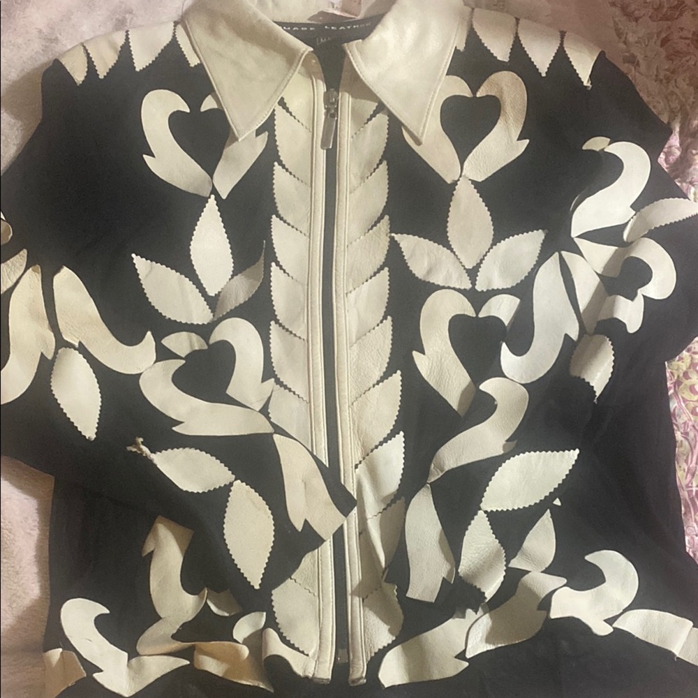 Sheer Black Mesh and White Leather Jacket with Ornate Pattern